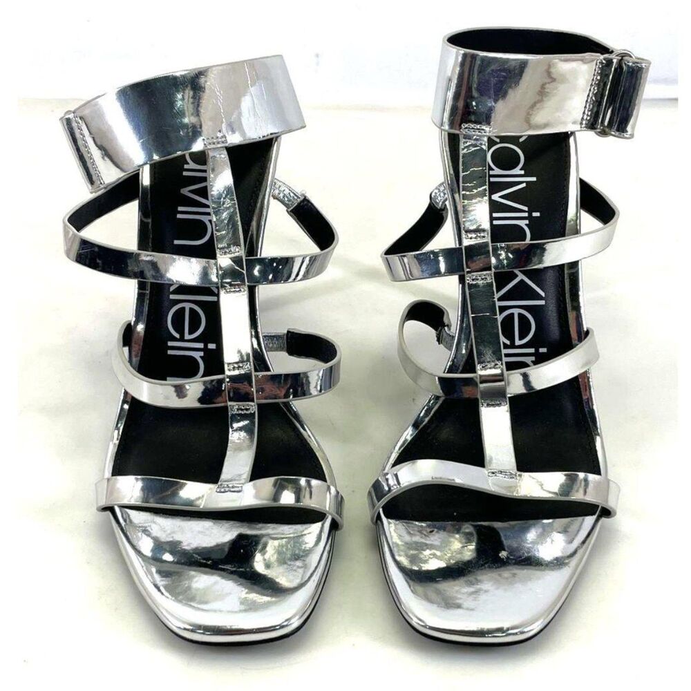 Calvin Klein Dolcita Silver Caged Stiletto Heels Size 9 Ankle Strap E5956